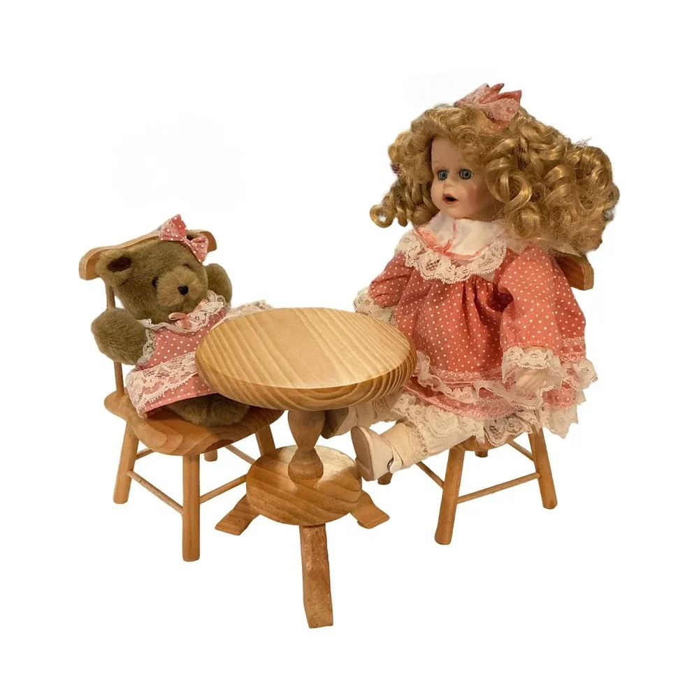Vintage Porcelain Doll Tea Party Set‎ with Teddy Bear and Wooden Furniture Pink